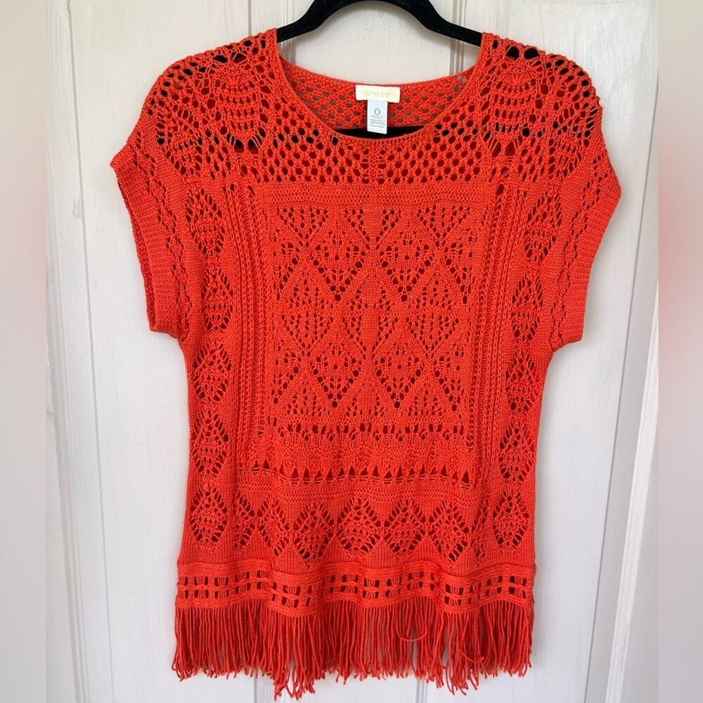 Chico’s Crochet Sweater Orange Top with Fringe | Size 0 (XS)